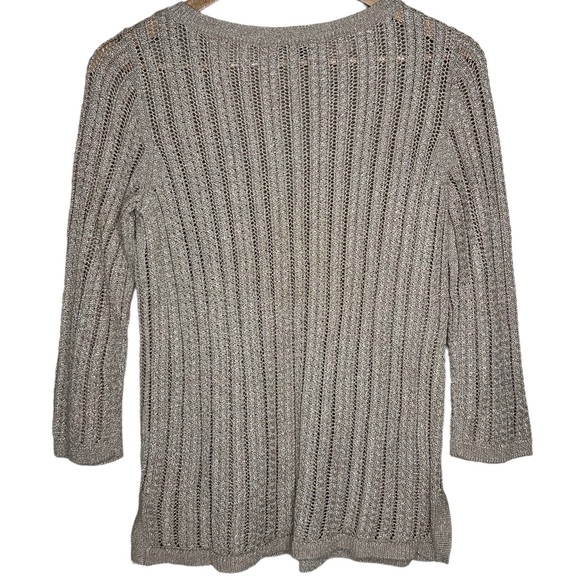 Talbots Metallic Open Knit Sweater Champagne 3/4 Sleeve Pullover Size Medium - Picture 2 of 4